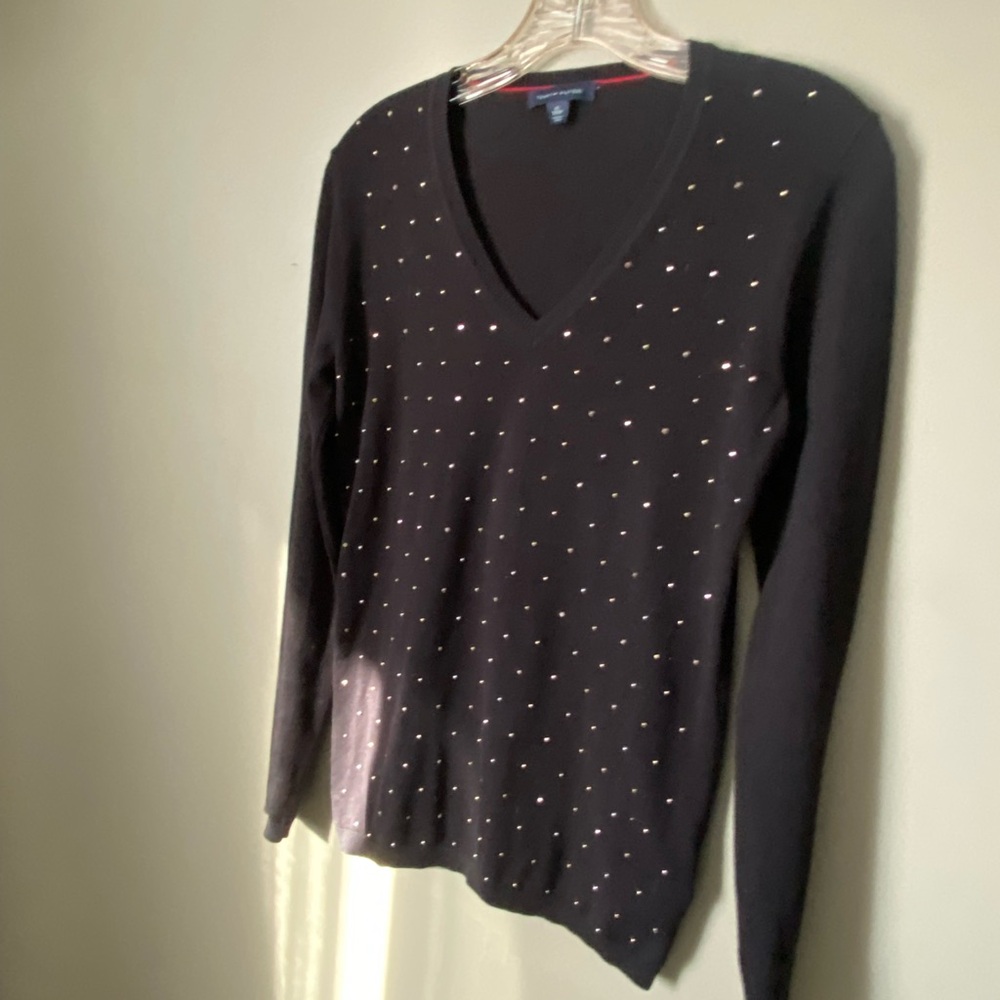 Tommy Hilfiger Black V-Neck Sweater with Scattered Metallic Studs